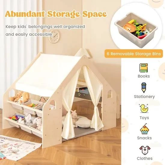 Modern Wooden Kids Playhouse with Built-in Chalkboard Desk, Montessori Activity House with Curtain E