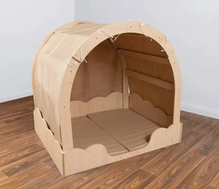 Modern Wooden Kids Playhouse with Built-in Chalkboard Desk, Montessori Activity House with Curtain E