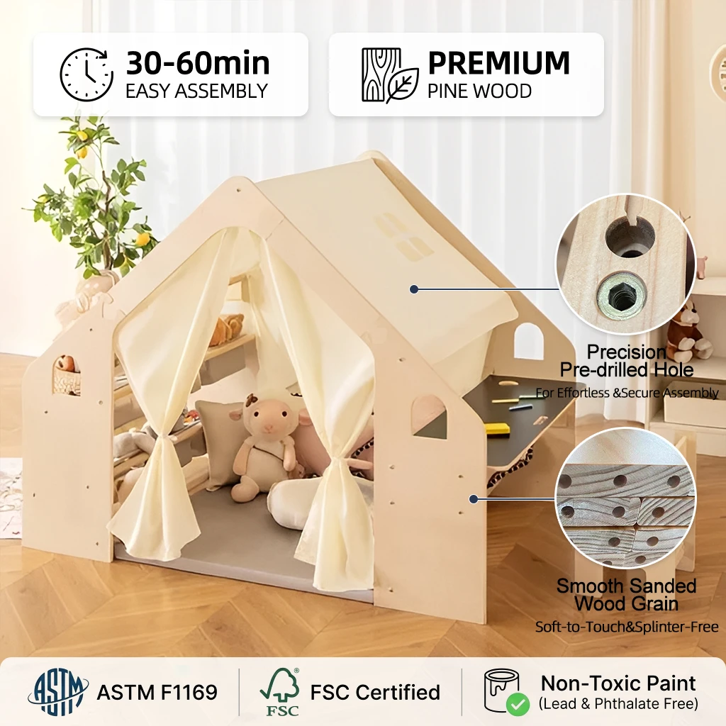Modern Wooden Kids Playhouse with Built-in Chalkboard Desk, Montessori Activity House with Curtain E