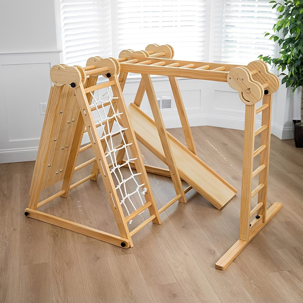 7-in-1 Foldable Indoor Play Set for Kids Wooden Climbing Frame with Slide Rope Ladder Monkey Bar Tod
