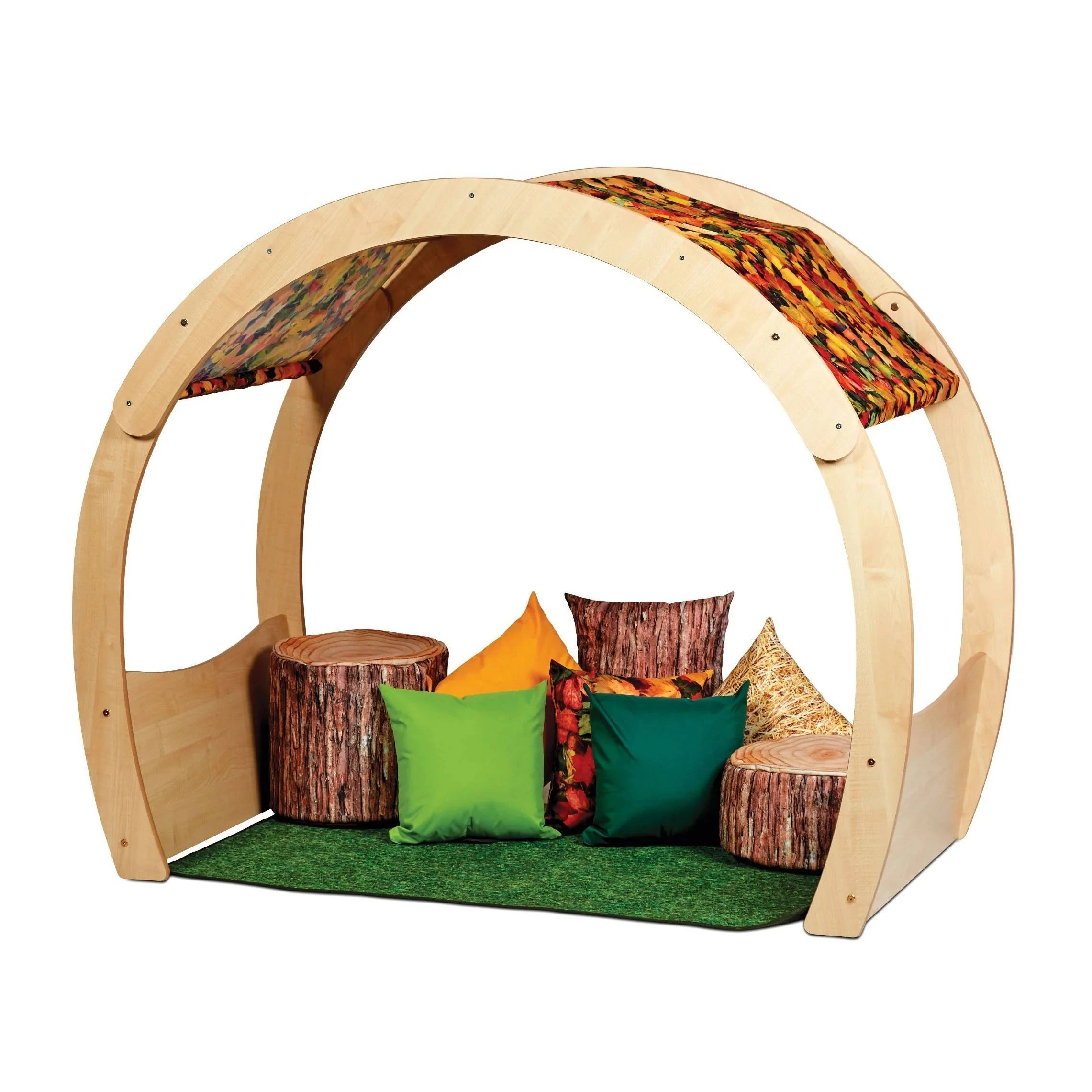 Children Reading Nook Solid Wood Play Den with Fabric Canopy Double Arch Reading Corner for Kinderga