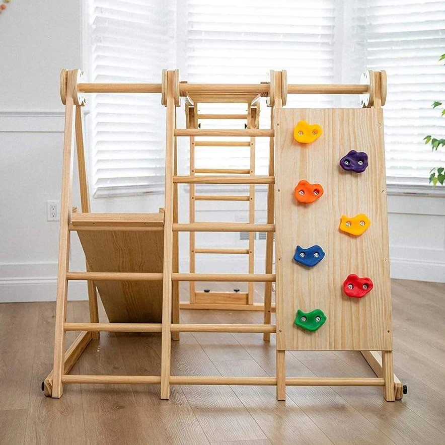 7-in-1 Foldable Indoor Play Set for Kids Wooden Climbing Frame with Slide Rope Ladder Monkey Bar Tod