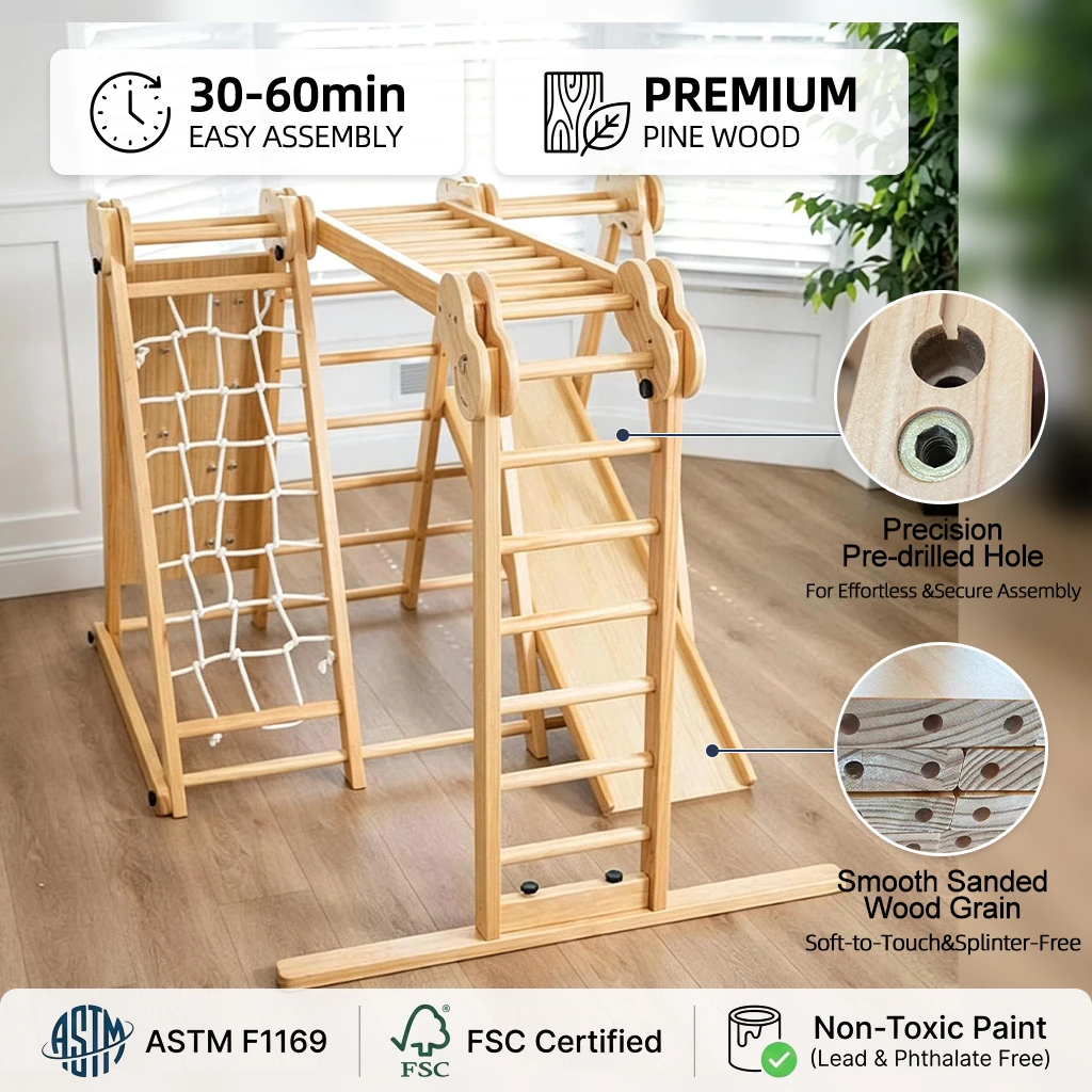 7-in-1 Foldable Indoor Play Set for Kids Wooden Climbing Frame with Slide Rope Ladder Monkey Bar Tod