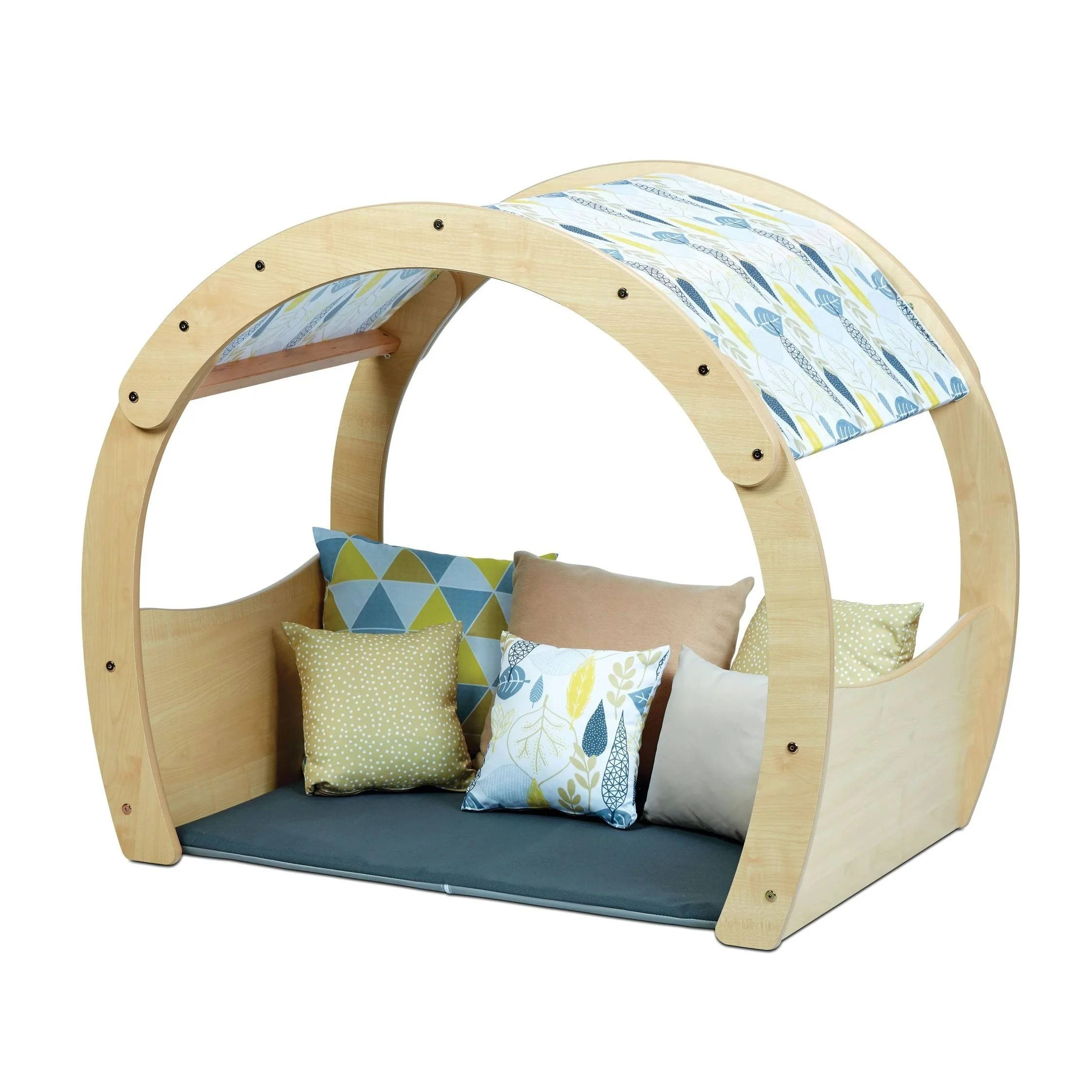 Children Reading Nook Solid Wood Play Den with Fabric Canopy Double Arch Reading Corner for Kinderga