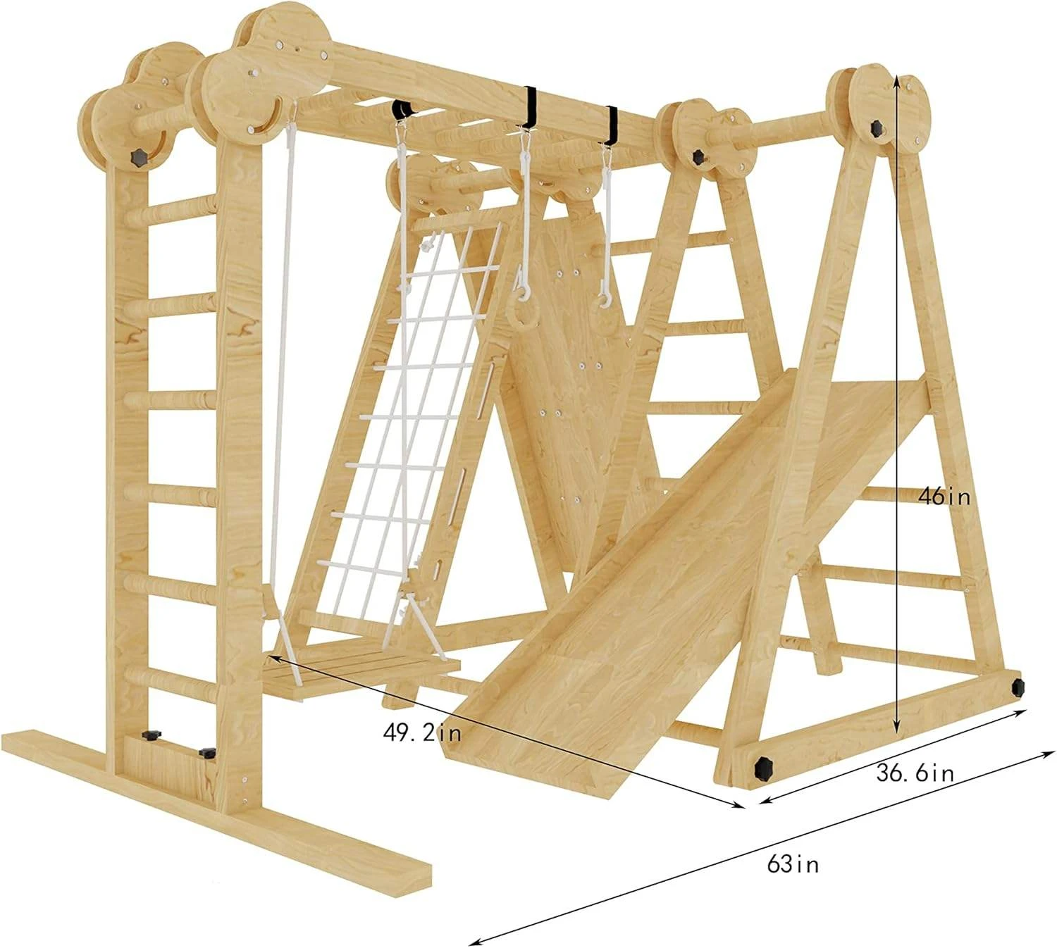 7-in-1 Foldable Indoor Play Set for Kids Wooden Climbing Frame with Slide Rope Ladder Monkey Bar Tod