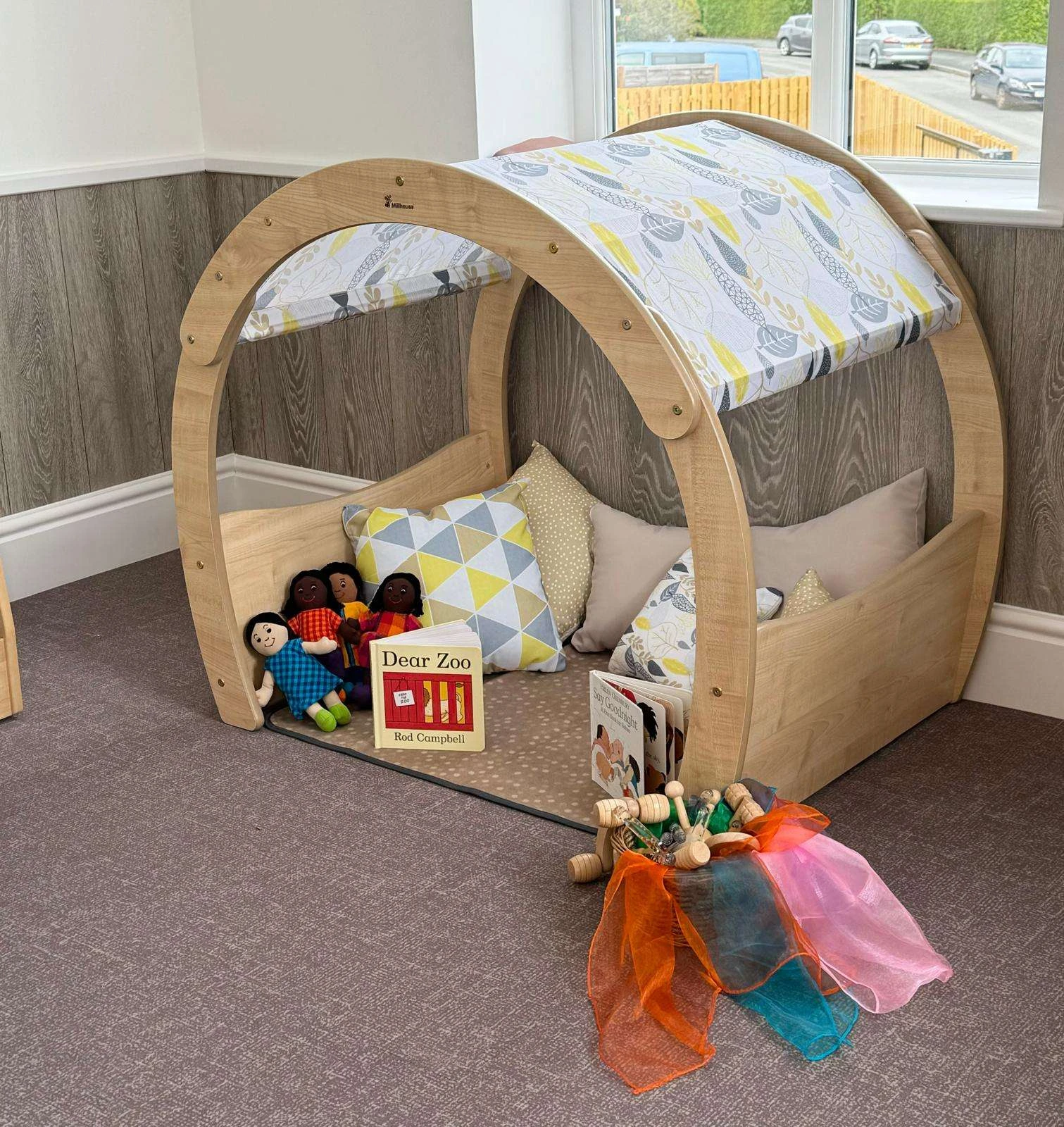 Children Reading Nook Solid Wood Play Den with Fabric Canopy Double Arch Reading Corner for Kinderga