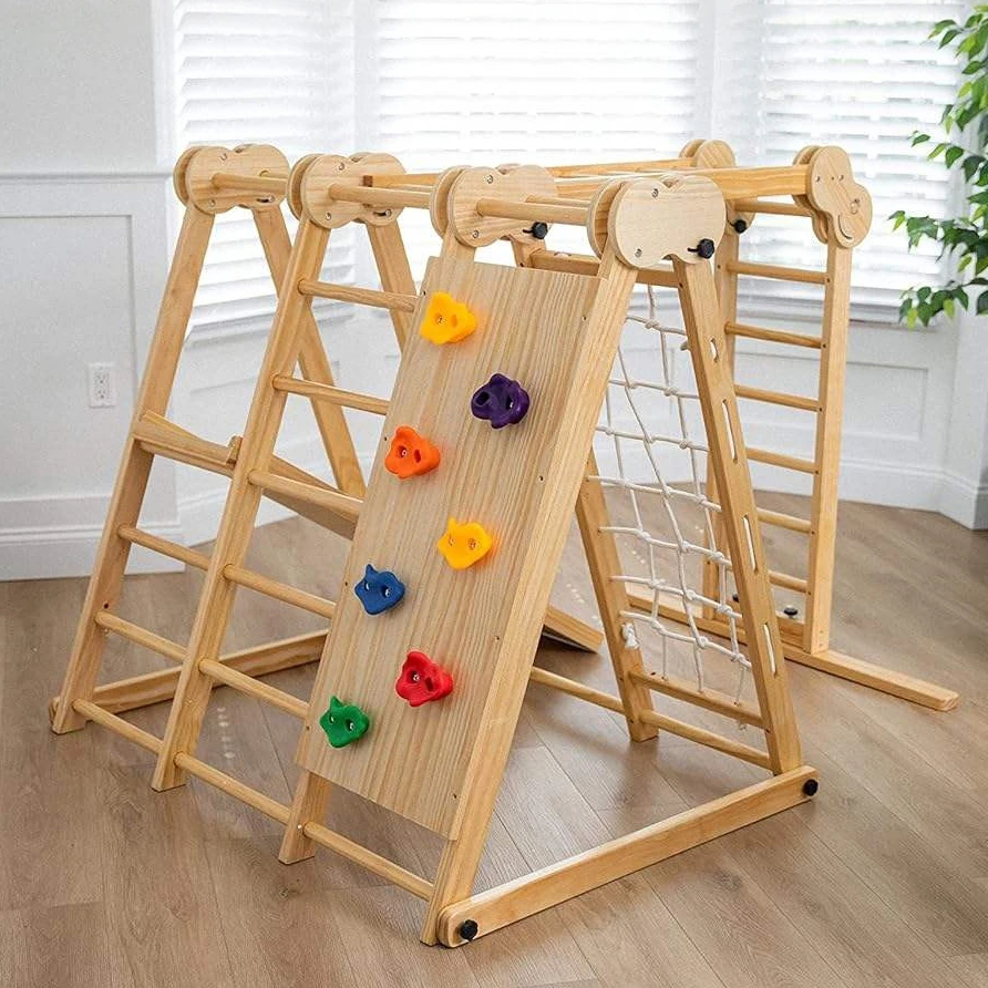7-in-1 Foldable Indoor Play Set for Kids Wooden Climbing Frame with Slide Rope Ladder Monkey Bar Tod