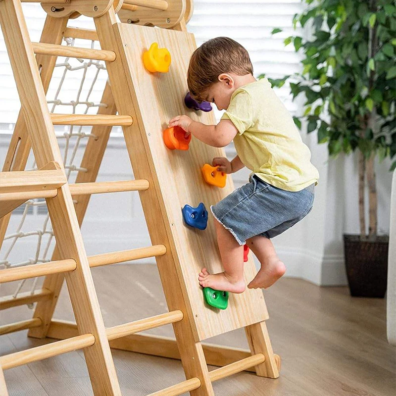7-in-1 Foldable Indoor Play Set for Kids Wooden Climbing Frame with Slide Rope Ladder Monkey Bar Tod
