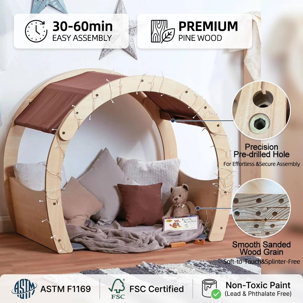 Children Reading Nook Solid Wood Play Den with Fabric Canopy Double Arch Reading Corner for Kinderga