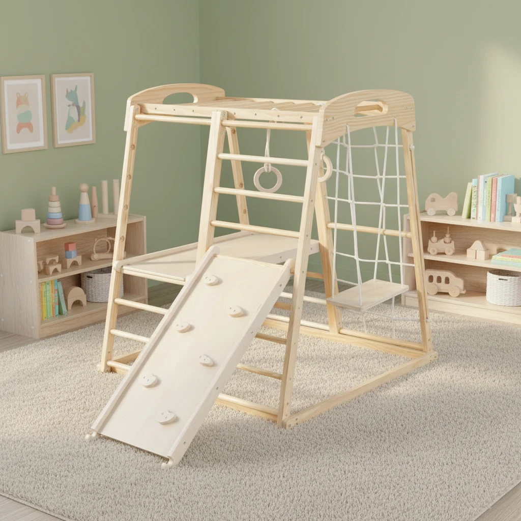 Kids Indoor Wooden Jungle Gym Set | Montessori Climbing Frame with Swing, Climbing Net, Gymnastic Ri