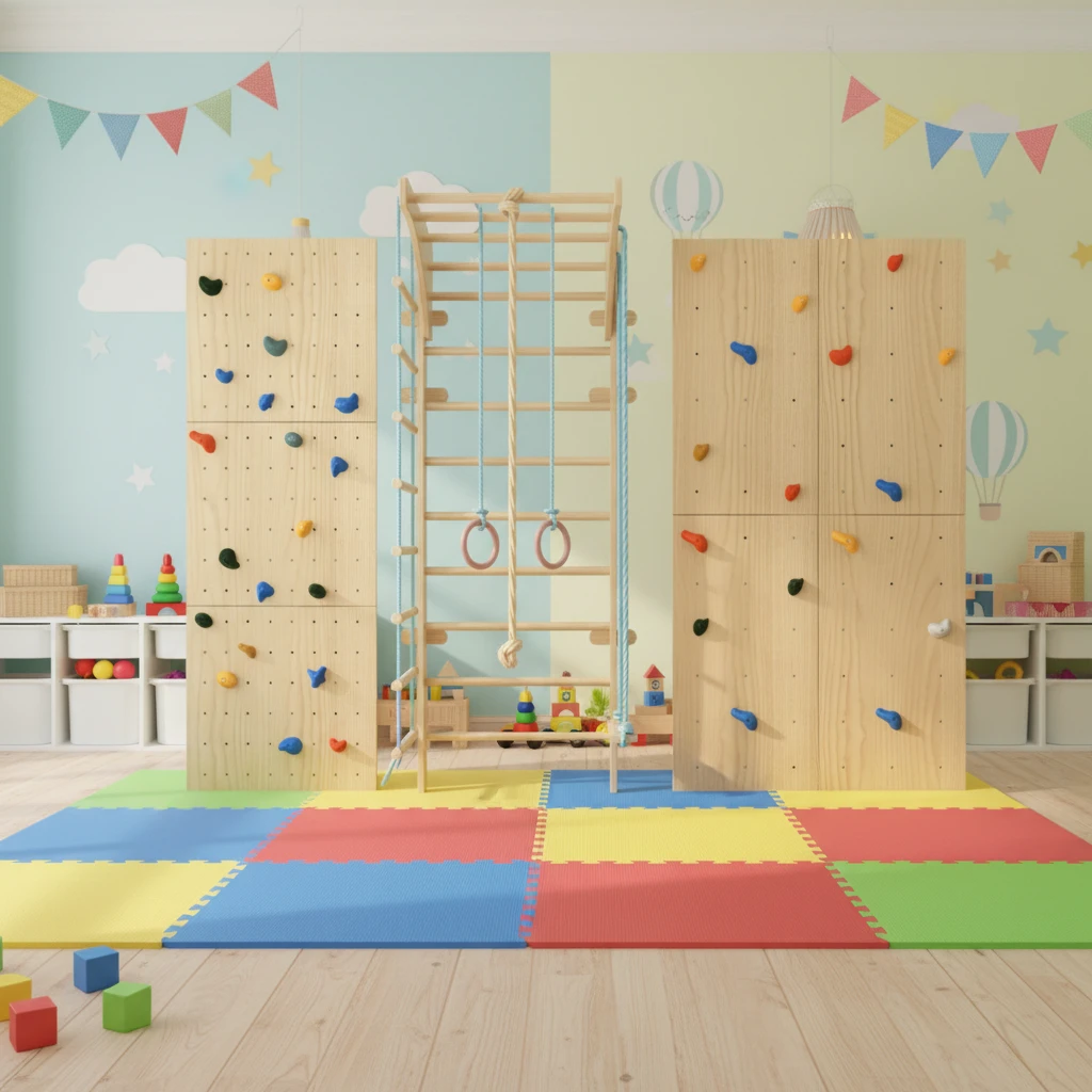 Kids Indoor Wooden Climbing Gym Set | Montessori Jungle Gym with Rock Climbing Wall, Monkey Bars, Gy