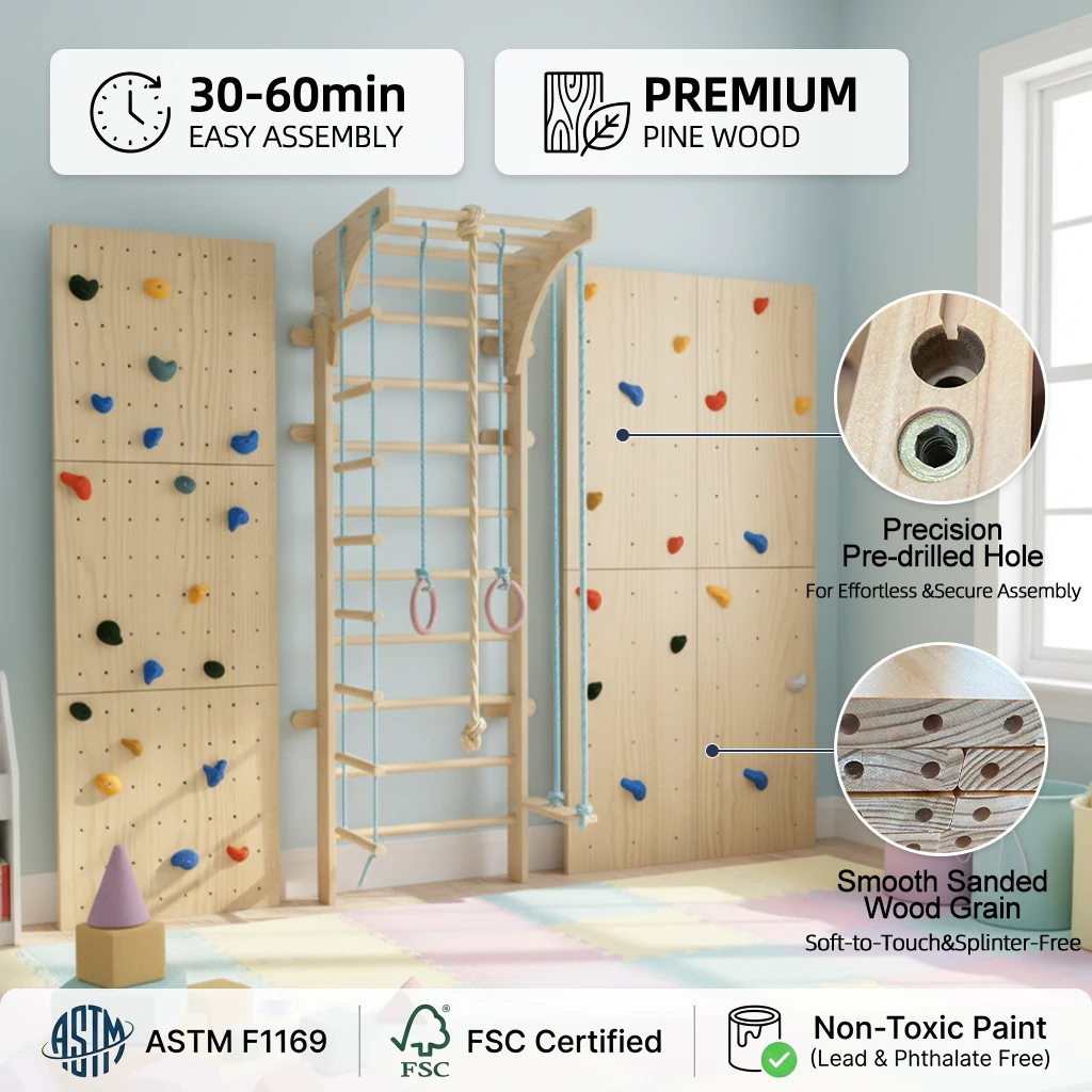 Kids Indoor Wooden Climbing Gym Set | Montessori Jungle Gym with Rock Climbing Wall, Monkey Bars, Gy