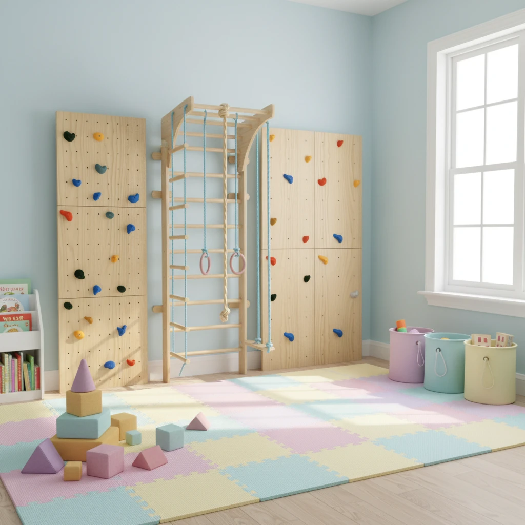 Kids Indoor Wooden Climbing Gym Set | Montessori Jungle Gym with Rock Climbing Wall, Monkey Bars, Gy