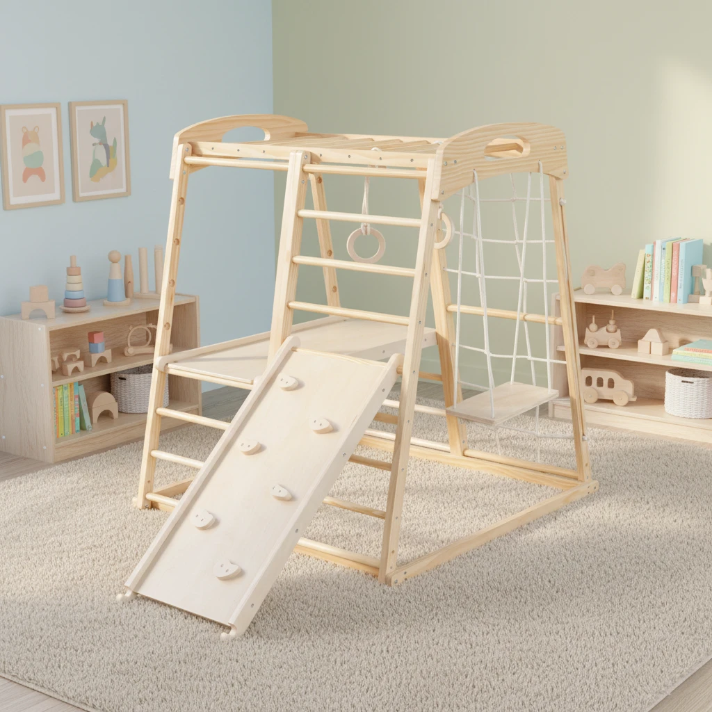 Kids Indoor Wooden Jungle Gym Set | Montessori Climbing Frame with Swing, Climbing Net, Gymnastic Ri