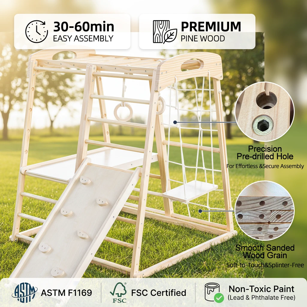 Kids Indoor Wooden Jungle Gym Set | Montessori Climbing Frame with Swing, Climbing Net, Gymnastic Ri