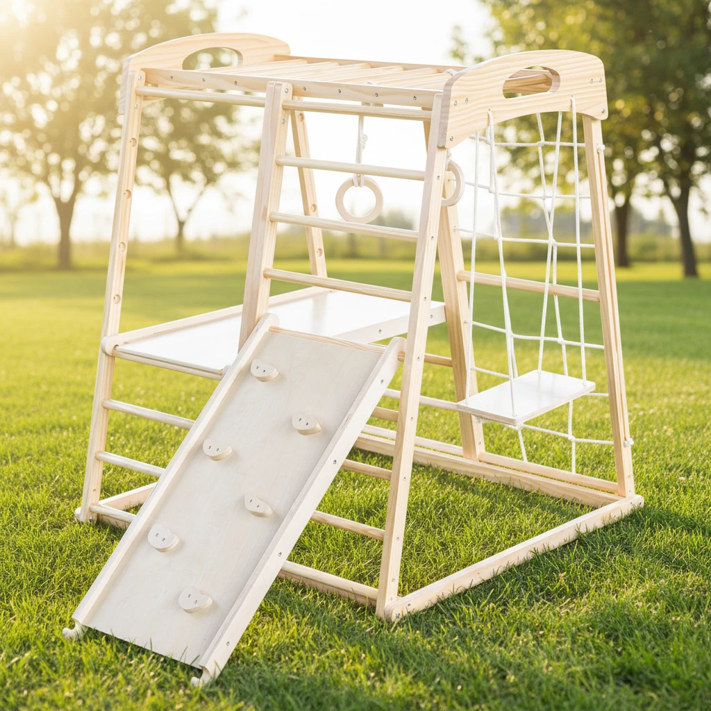 Kids Indoor Wooden Jungle Gym Set | Montessori Climbing Frame with Swing, Climbing Net, Gymnastic Ri