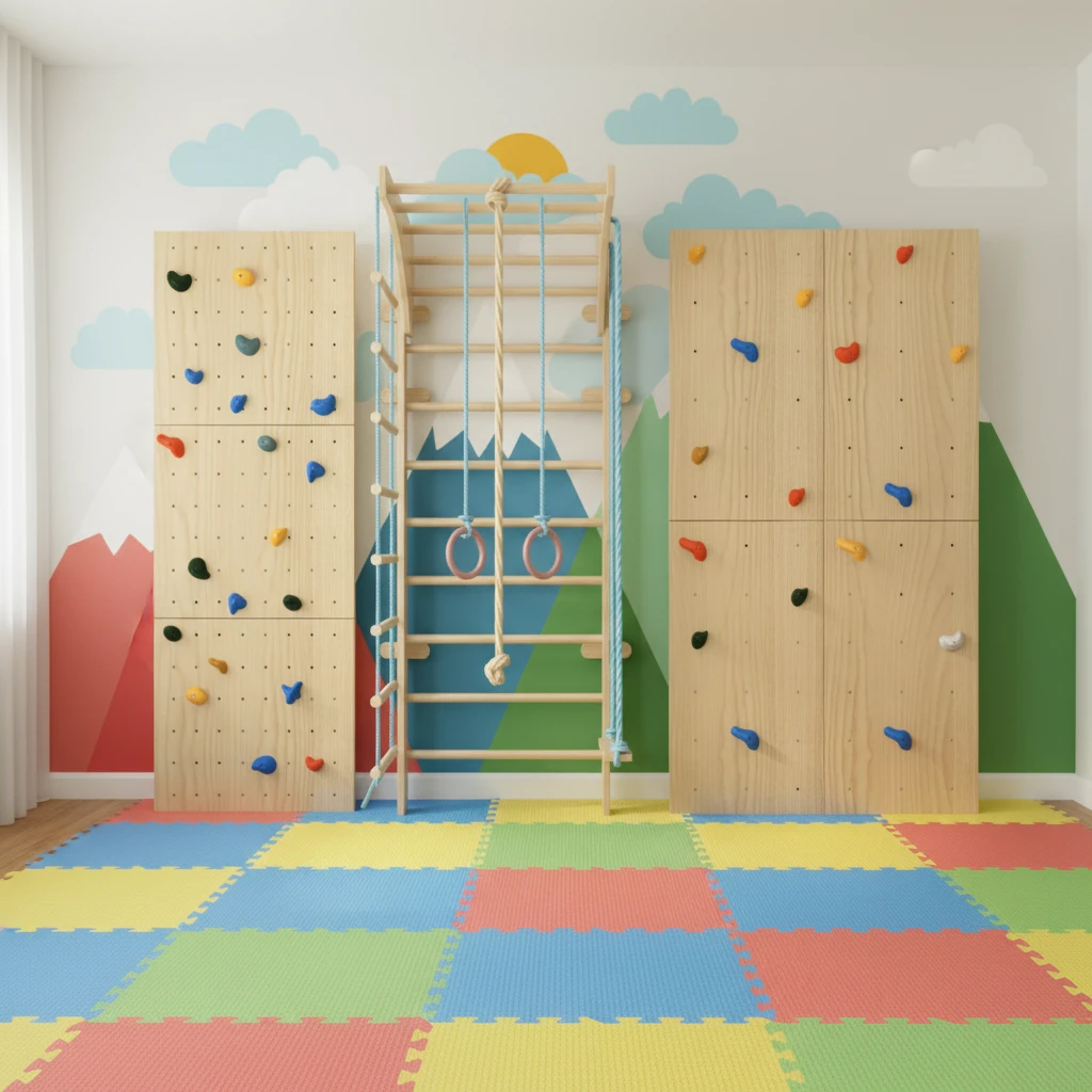 Kids Indoor Wooden Climbing Gym Set | Montessori Jungle Gym with Rock Climbing Wall, Monkey Bars, Gy