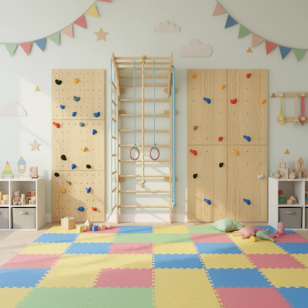 Kids Indoor Wooden Climbing Gym Set | Montessori Jungle Gym with Rock Climbing Wall, Monkey Bars, Gy