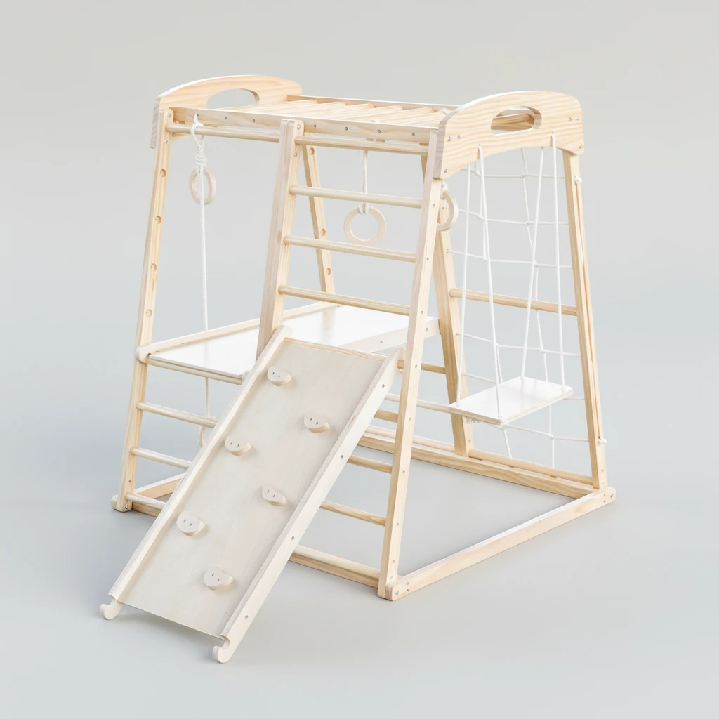 Kids Indoor Wooden Jungle Gym Set | Montessori Climbing Frame with Swing, Climbing Net, Gymnastic Ri