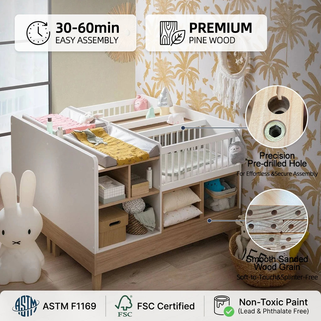 Baby Changing Table with Storage & Bassinet Compartments | White & Natural Wood Multi-Functional Nur