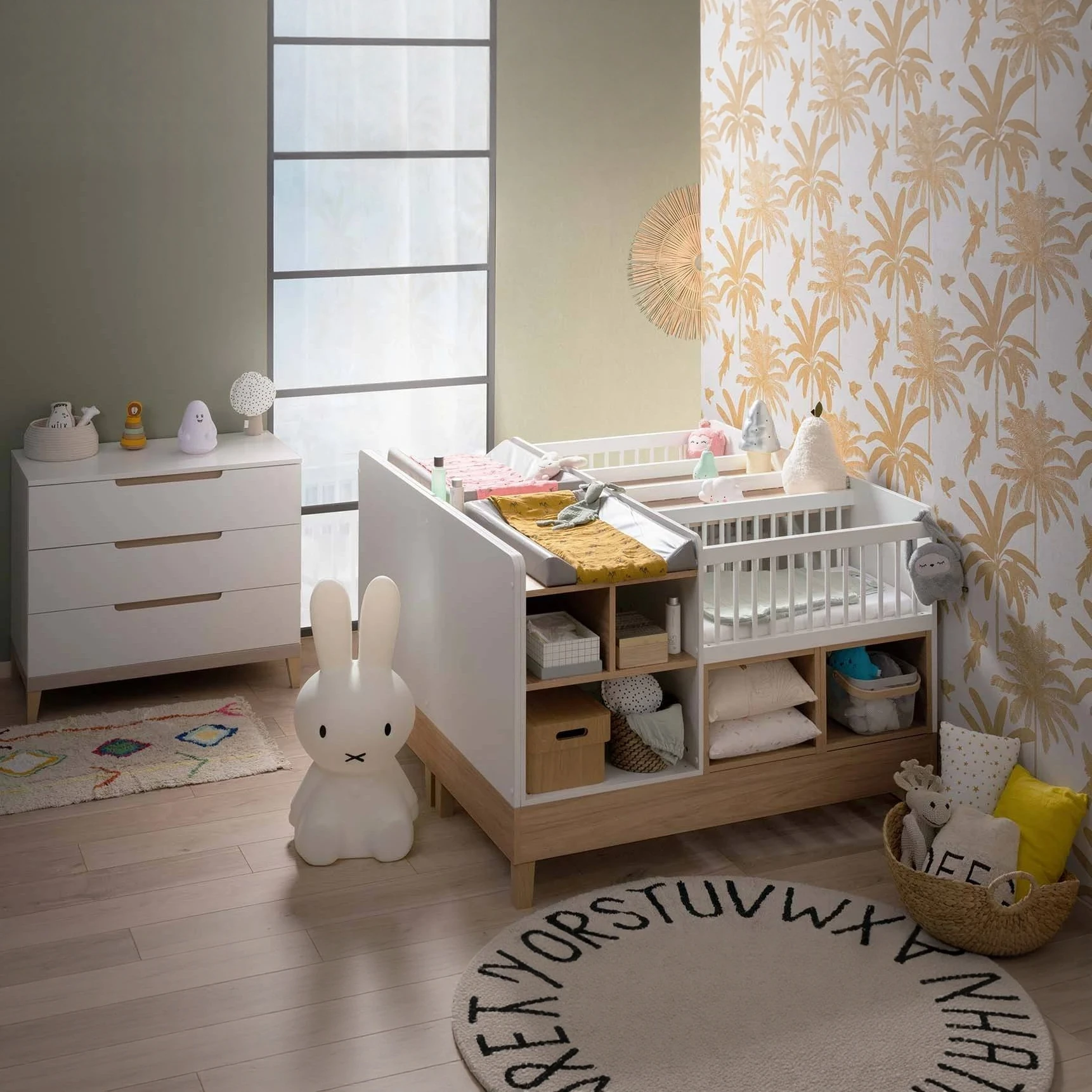 Baby Changing Table with Storage & Bassinet Compartments | White & Natural Wood Multi-Functional Nur