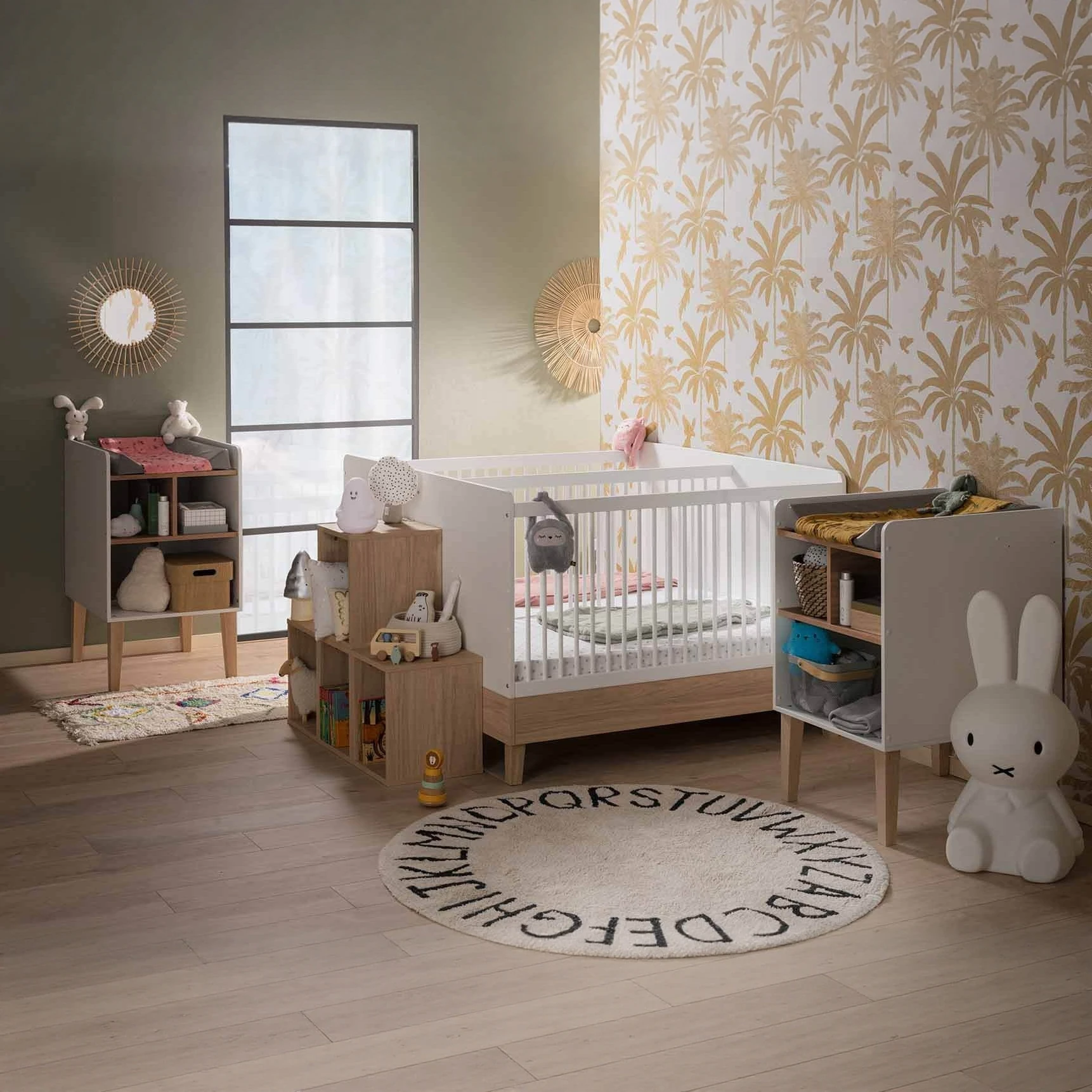 Baby Changing Table with Storage & Bassinet Compartments | White & Natural Wood Multi-Functional Nur