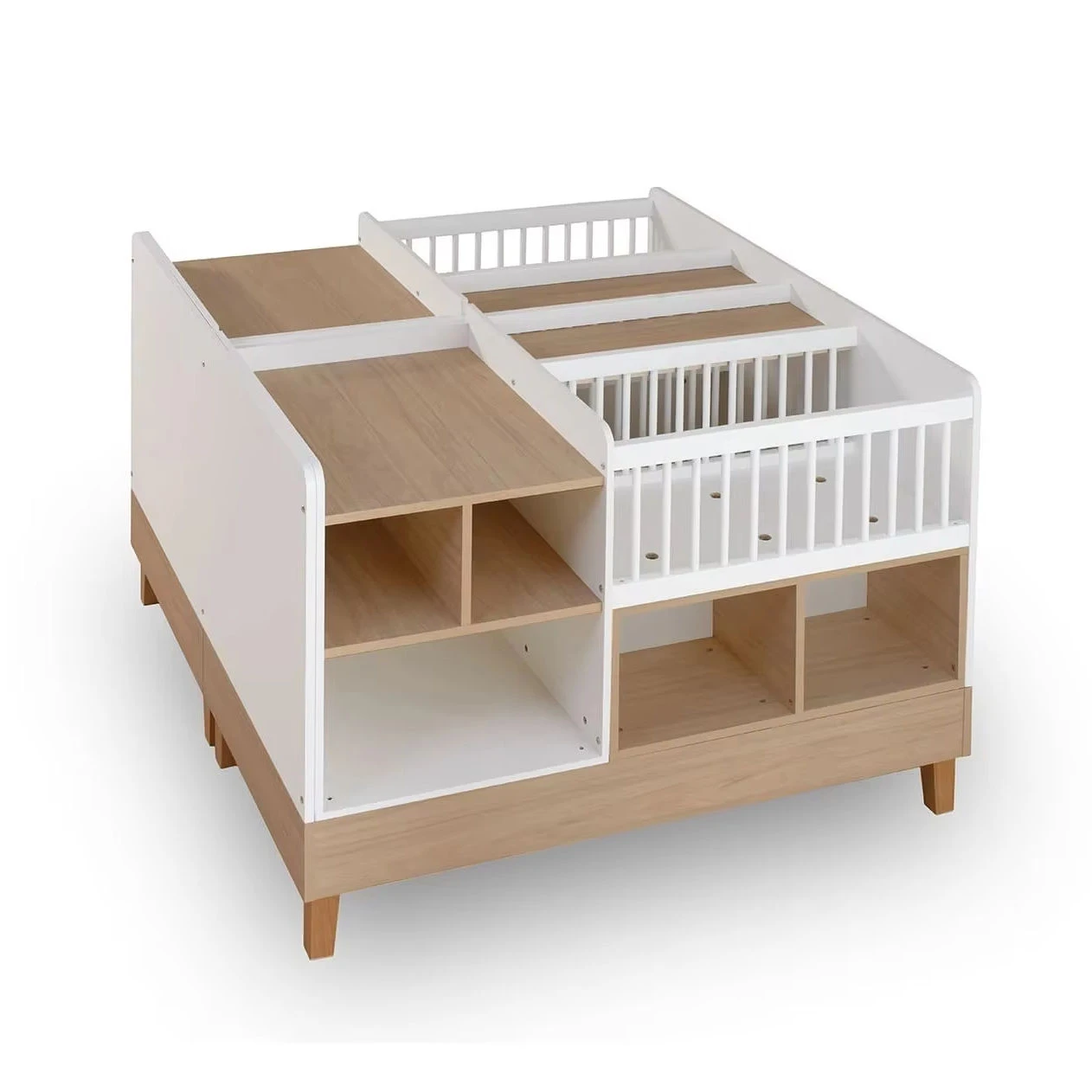 Baby Changing Table with Storage & Bassinet Compartments | White & Natural Wood Multi-Functional Nur