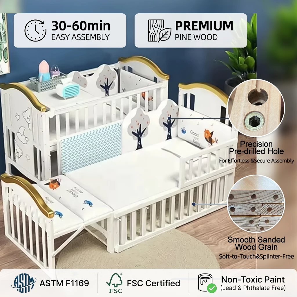 Convertible Baby Crib 3-in-1 | White Wooden Crib to Toddler Bed & Daybed with Gold Accent Rails, Mod
