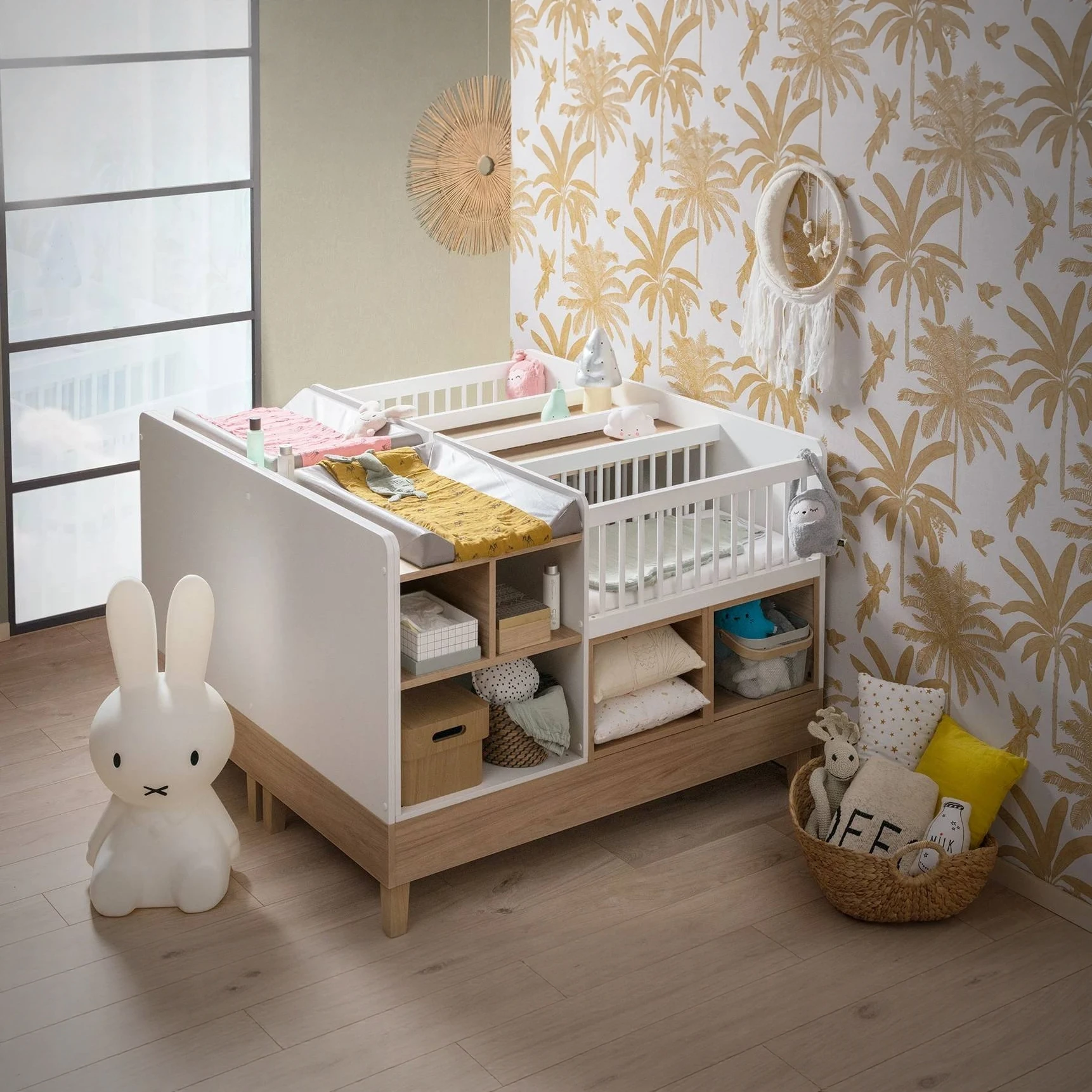 Baby Changing Table with Storage & Bassinet Compartments | White & Natural Wood Multi-Functional Nur