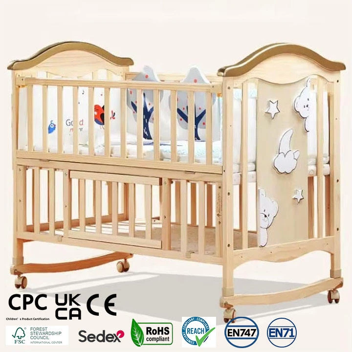 Wooden Rocking Baby Crib with Wheels | Solid Wood Swaying Cradle with Arched Headboard, Star & Moon