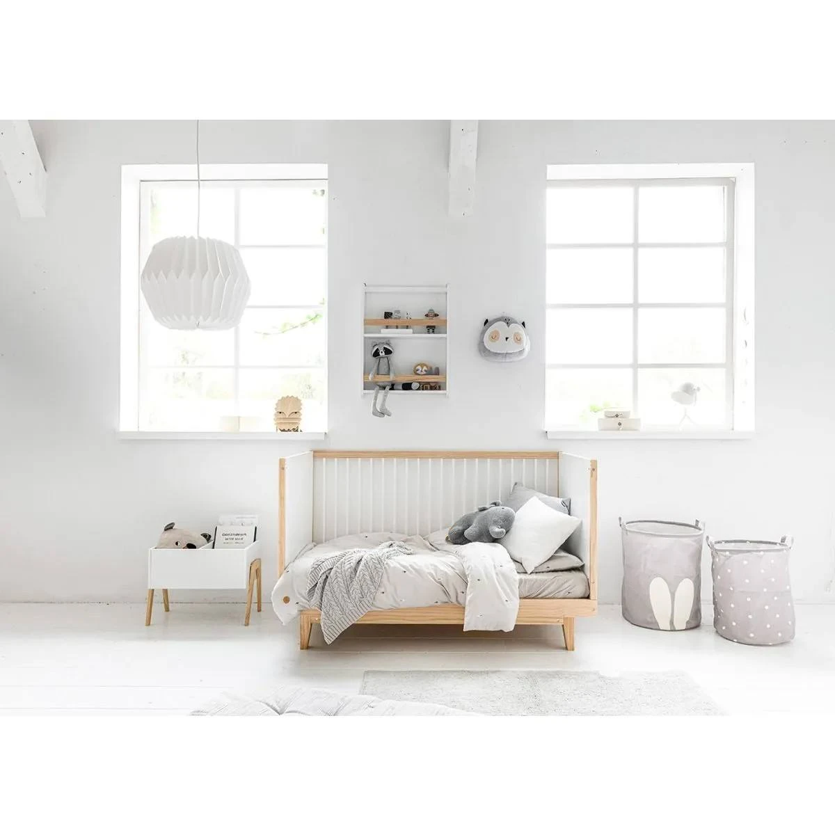 Wooden Baby Crib with White Slats | Minimalist Low-Profile Nursery Crib for Newborn & Toddler | Soli
