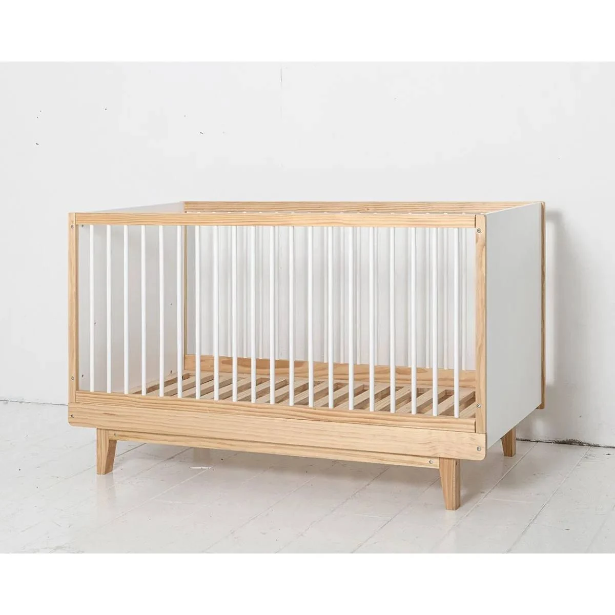 Wooden Baby Crib with White Slats | Minimalist Low-Profile Nursery Crib for Newborn & Toddler | Soli