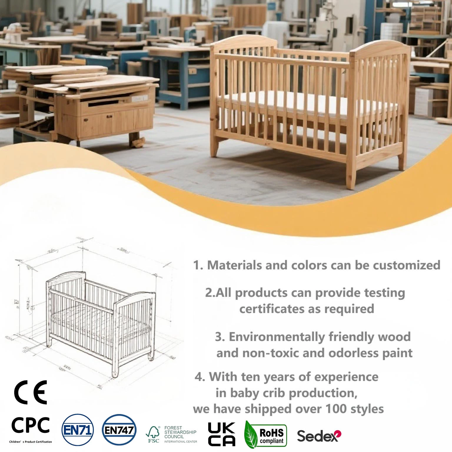 Wooden Rocking Baby Crib with Wheels | Solid Wood Swaying Cradle with Arched Headboard, Star & Moon