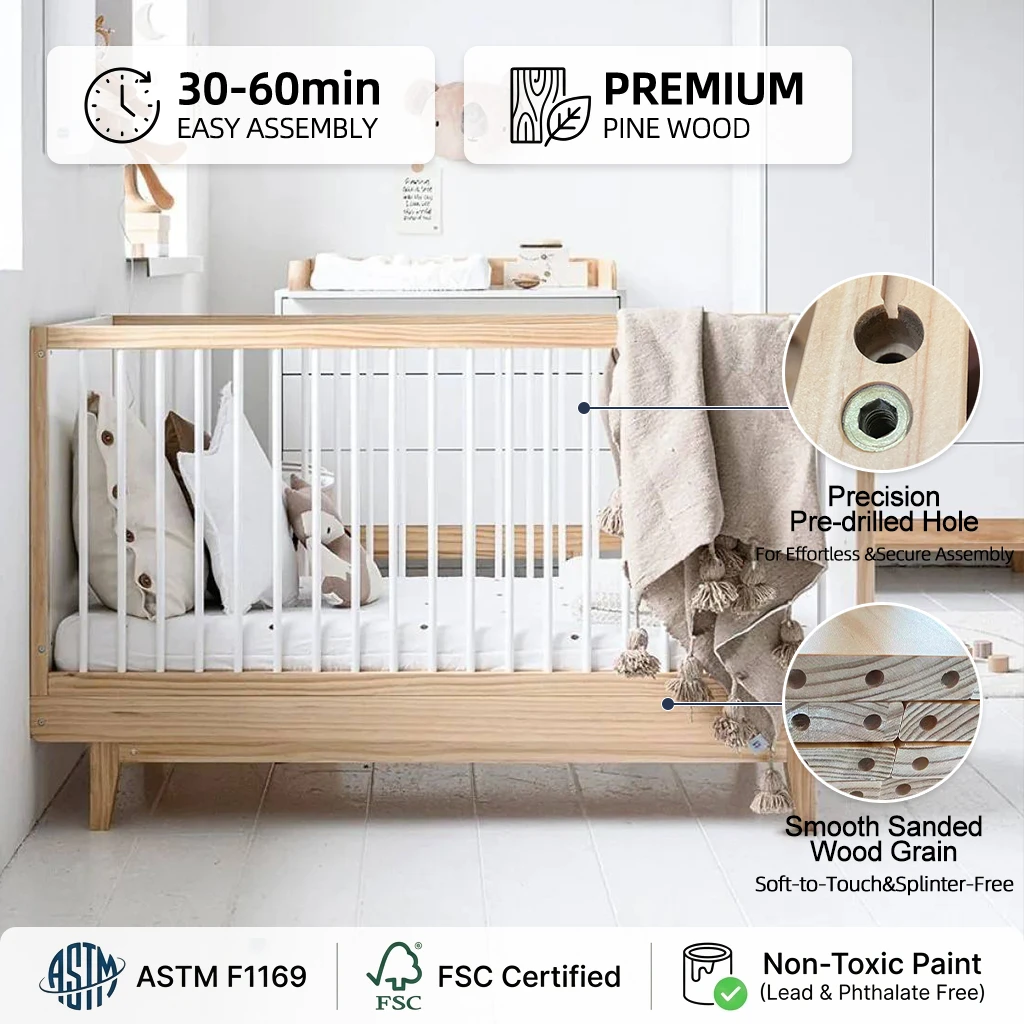 Wooden Baby Crib with White Slats | Minimalist Low-Profile Nursery Crib for Newborn & Toddler | Soli