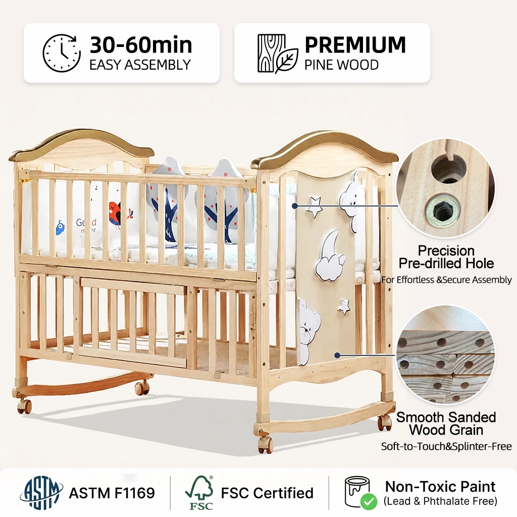 Wooden Rocking Baby Crib with Wheels | Solid Wood Swaying Cradle with Arched Headboard, Star & Moon