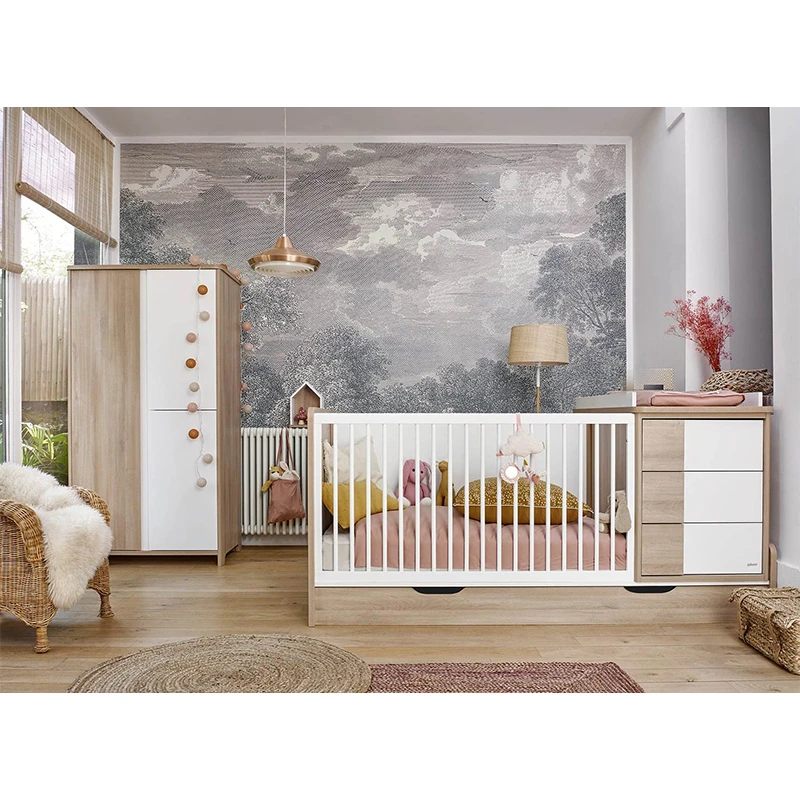 Baby Crib with Changing Table & 3-Drawer Dresser Combo | 2-in-1 Wood & White Nursery Unit with Slatt