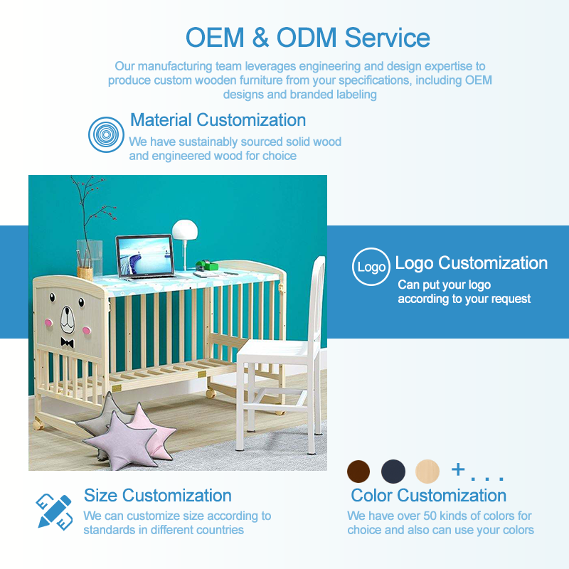 Wooden Convertible Baby Crib to Toddler Bed with Bear Face Panel | Multifunctional Infant Crib with Changing Table Shelf, Extended Footrest & Under-Bed Storage | Natural Solid Wood Nursery Crib for Newborn to Toddler