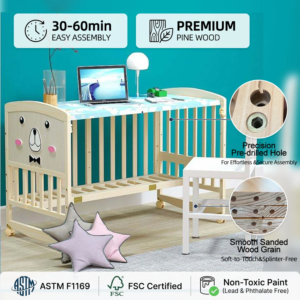 Wooden Convertible Baby Crib to Toddler Bed with Bear Face Panel | Multifunctional Infant Crib with