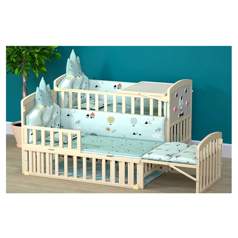 Wooden Convertible Baby Crib to Toddler Bed with Bear Face Panel | Multifunctional Infant Crib with