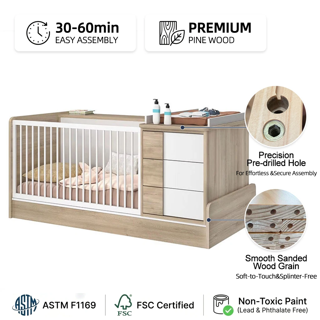Baby Crib with Changing Table & 3-Drawer Dresser Combo | 2-in-1 Wood & White Nursery Unit with Slatt