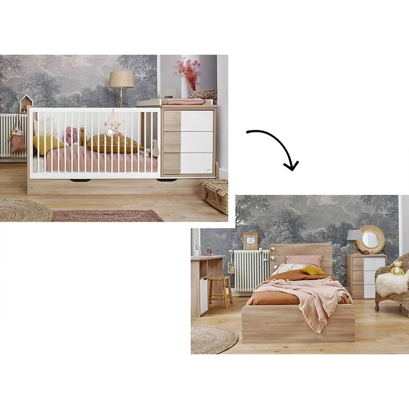 Baby Crib with Changing Table & 3-Drawer Dresser Combo | 2-in-1 Wood & White Nursery Unit with Slatt