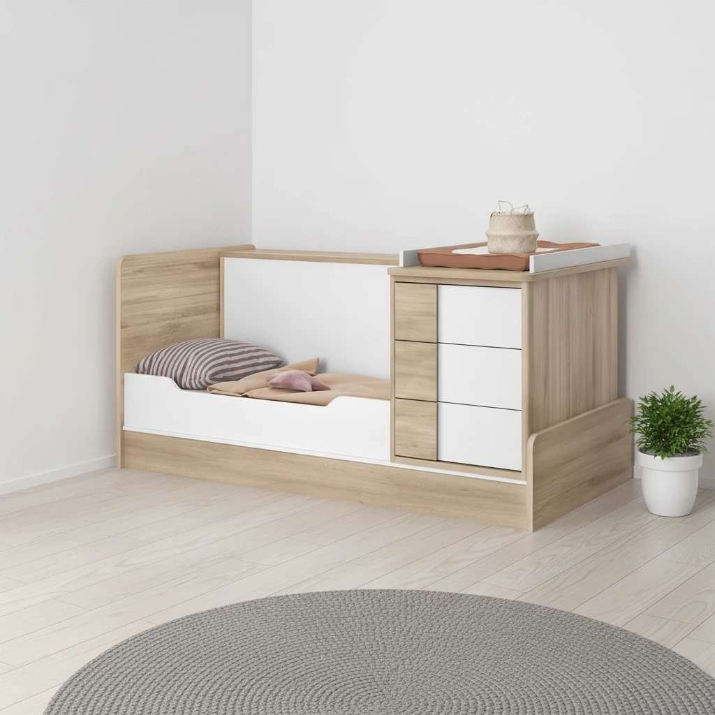 Baby Crib with Changing Table & 3-Drawer Dresser Combo | 2-in-1 Wood & White Nursery Unit with Slatt