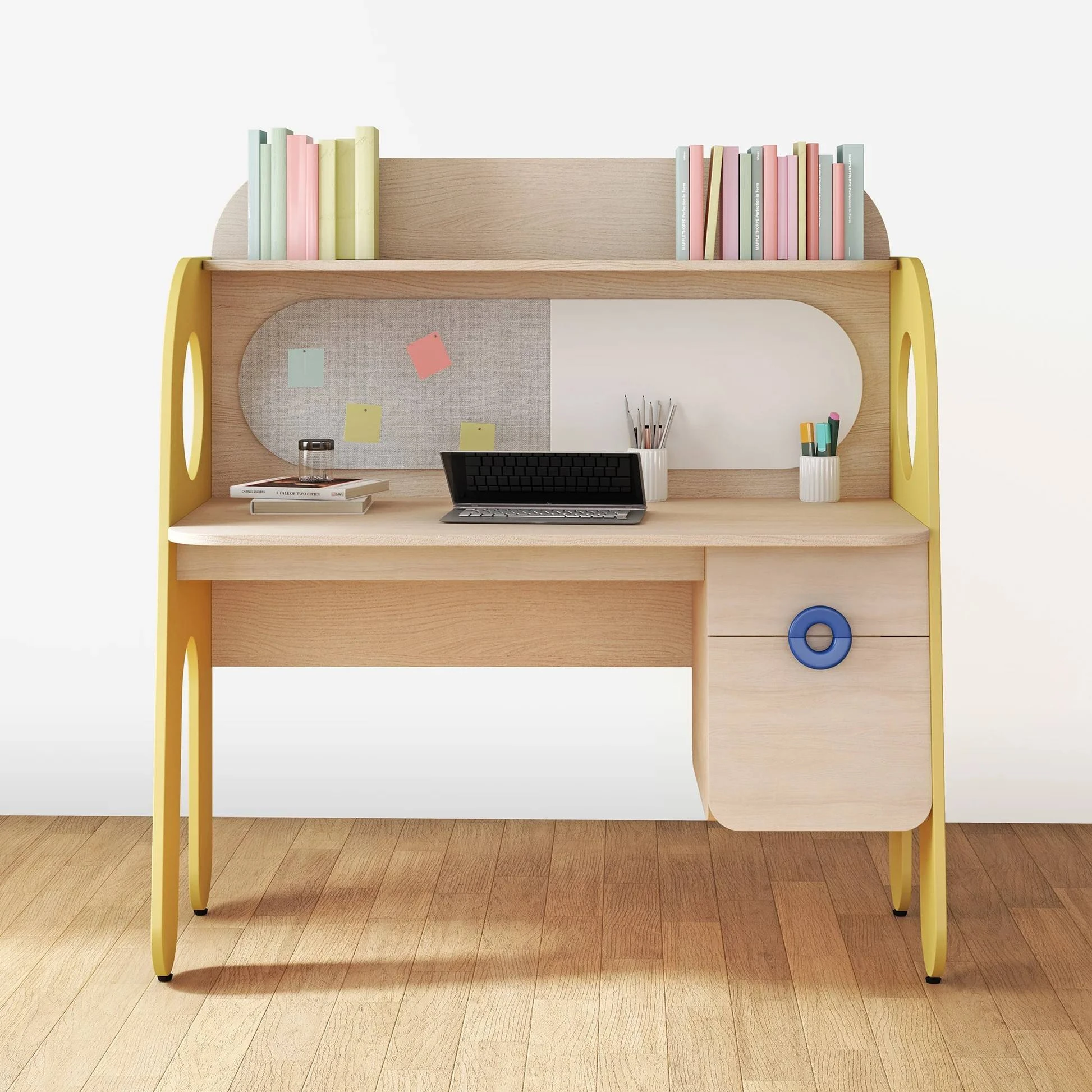 Kids Study Desk with Bookshelf, Pinboard & Whiteboard &mdash; Multifunctional Children's Writing Table wit