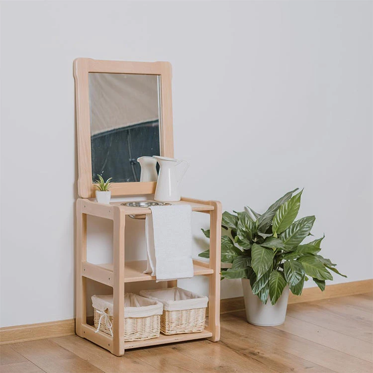 Montessori Kids Washing Station with Mirror &mdash; Natural Wood Standing Shelf Organizer with Woven Baske