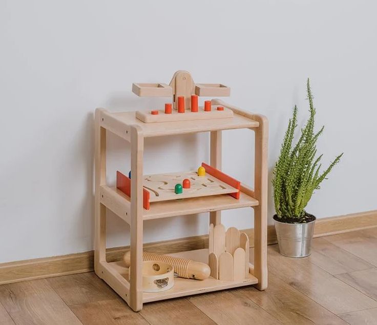 Montessori Kids Washing Station with Mirror &mdash; Natural Wood Standing Shelf Organizer with Woven Baske