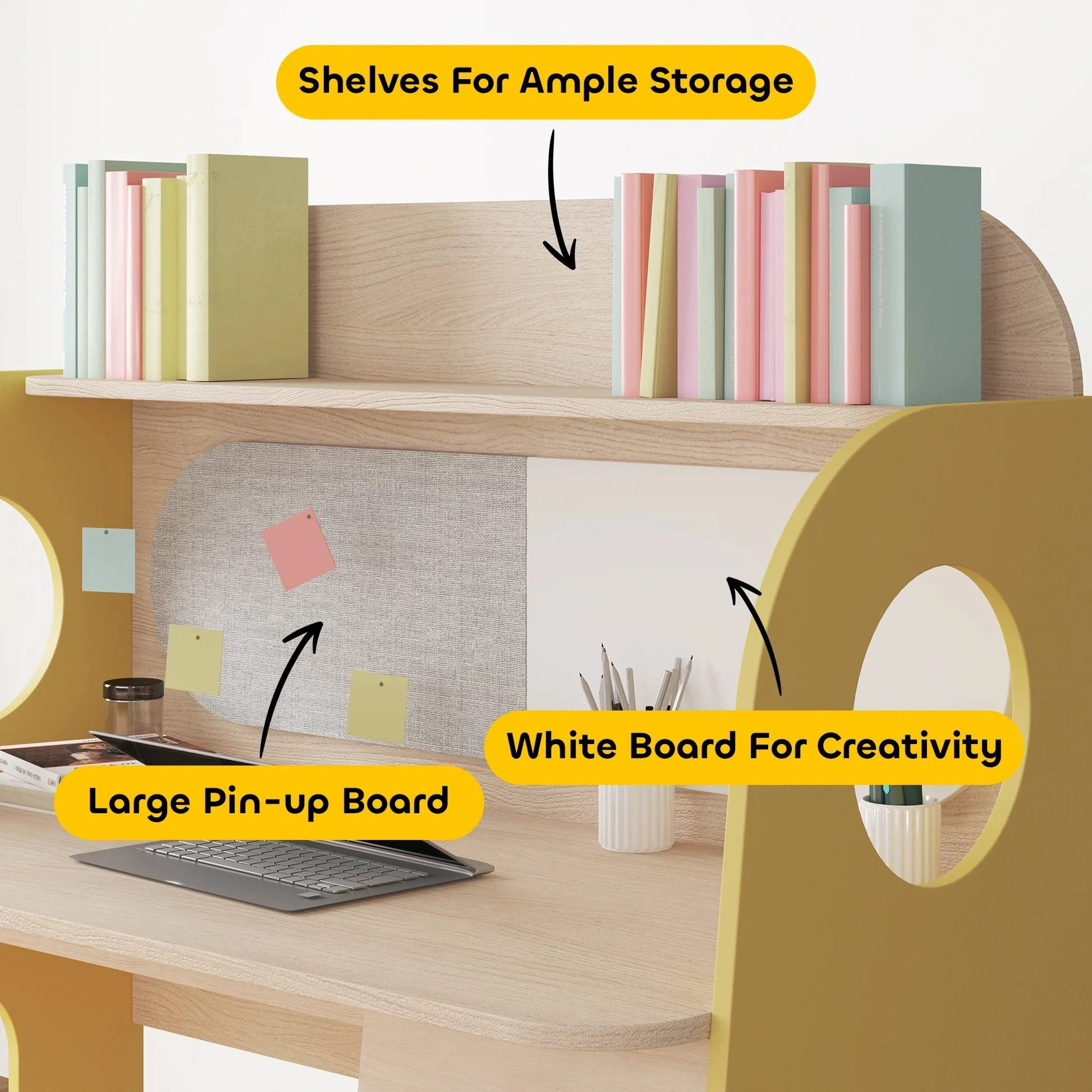 Kids Study Desk with Bookshelf, Pinboard & Whiteboard &mdash; Multifunctional Children's Writing Table wit