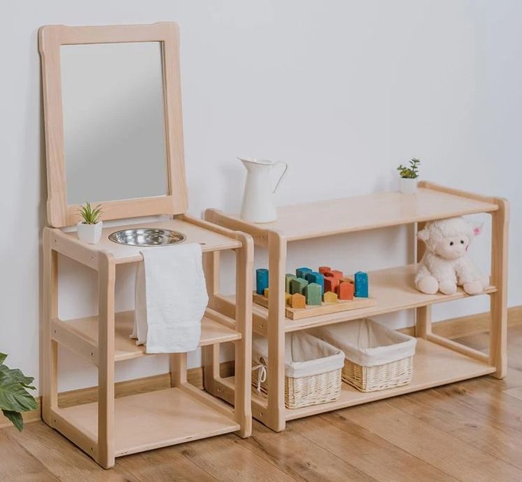 Montessori Kids Washing Station with Mirror &mdash; Natural Wood Standing Shelf Organizer with Woven Baske