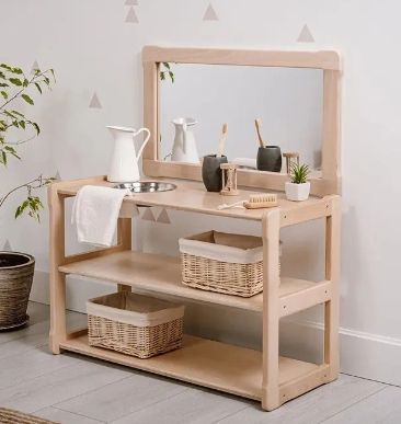 Montessori Kids Washing Station with Mirror &mdash; Natural Wood Standing Shelf Organizer with Woven Baske