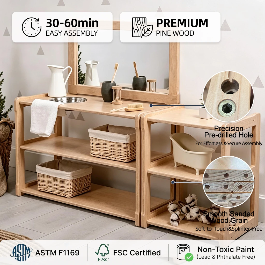 Montessori Kids Washing Station with Mirror &mdash; Natural Wood Standing Shelf Organizer with Woven Baske
