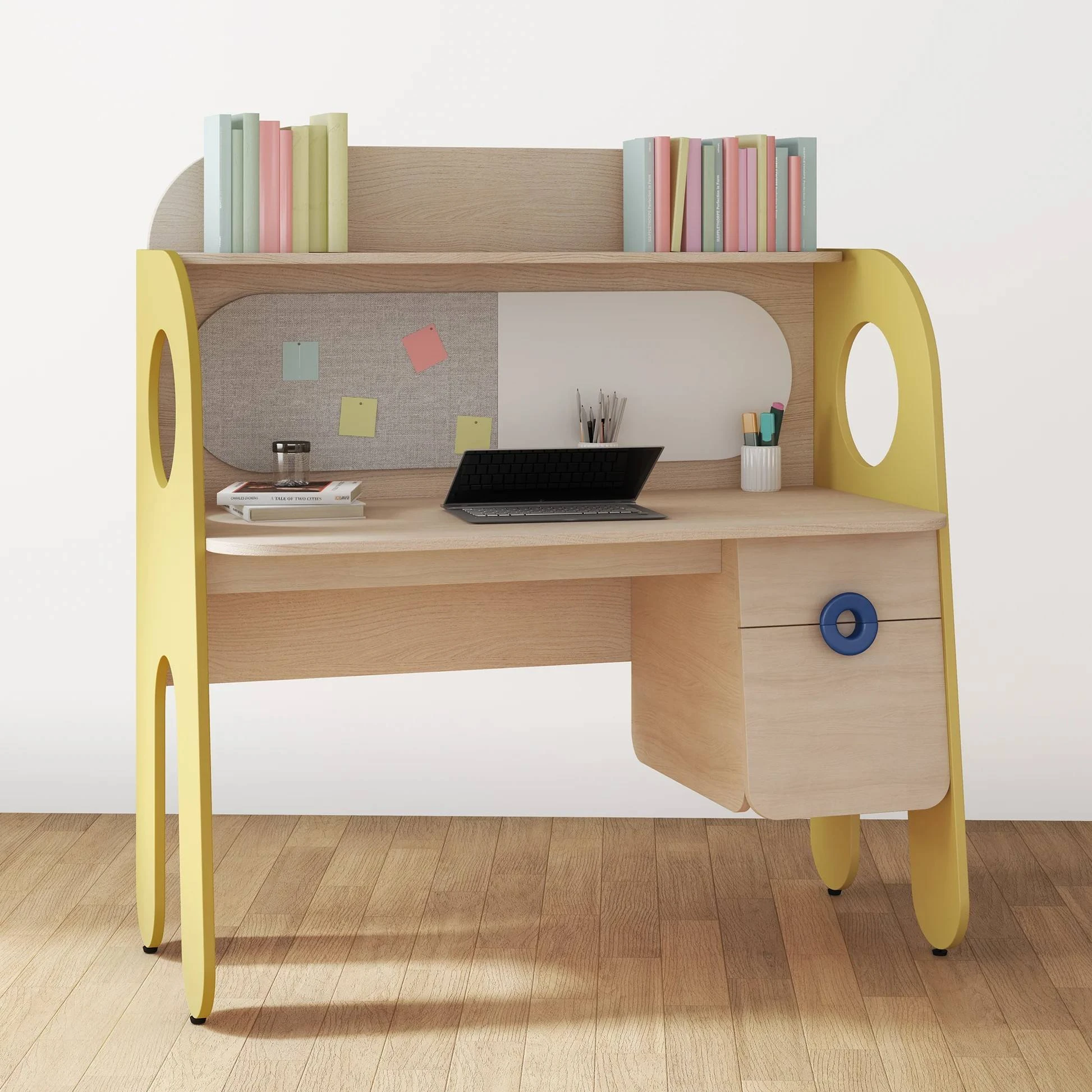 Kids Study Desk with Bookshelf, Pinboard & Whiteboard &mdash; Multifunctional Children's Writing Table wit